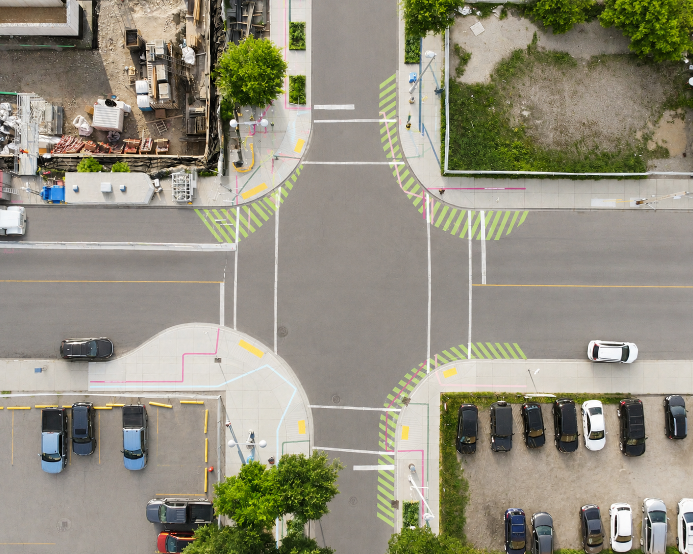 Drone picture showing the end result of painting the pavement in an intersection in Calgary