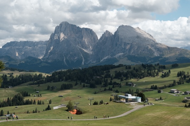 Alpi di Siusi landscape, with hikers and mountain views